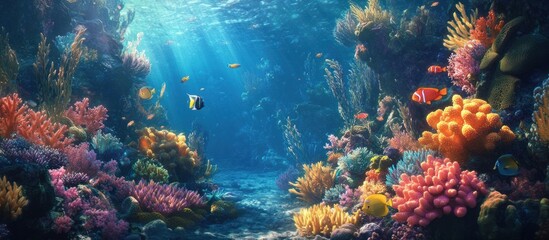 Colorful coral reef with sunbeams shining through the water.