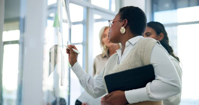 Business women, writing and meeting with glass board for schedule planning, company report or analysis at office. Female people, financial planners or employees with strategy for corporate budget