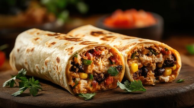 A delicious burrito filled with meat and veggies, served on a wooden board.