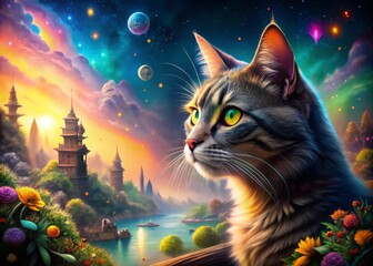 Enigmatic Gaze of a Beautiful Cat in a Surreal Landscape, Dreamlike Atmosphere, Vibrant Colors, Mystical Eyes, Whimsical Setting, Intriguing Feline Portrait, Nature's Beauty