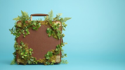 Fototapeta premium Vintage Suitcase Covered in Lush Green Plants on Blue Background