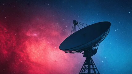 A stunning image of a satellite dish against a colorful cosmic background, showcasing technology and the wonders of space.