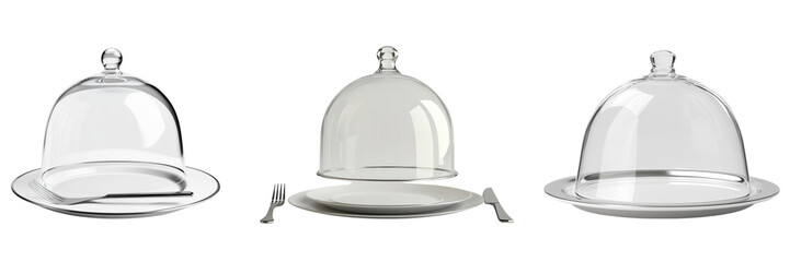 Set of Transparent serving cloche raised above empty white plate isolated on a transparent background