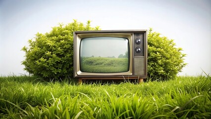 Wide-angle landscape with green plants illuminated retro TV on the grass on white background
