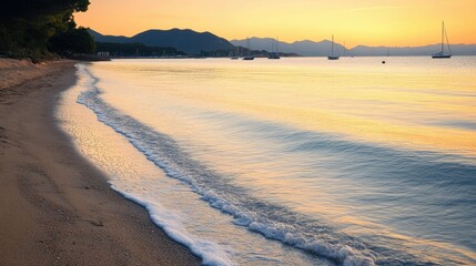 A calm beach at sunrise, with soft waves washing up on the shore and distant sailboats.