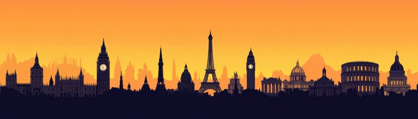 Naklejka premium A stunning silhouette of iconic landmarks against a vibrant sunset backdrop, showcasing the beauty of global architecture.