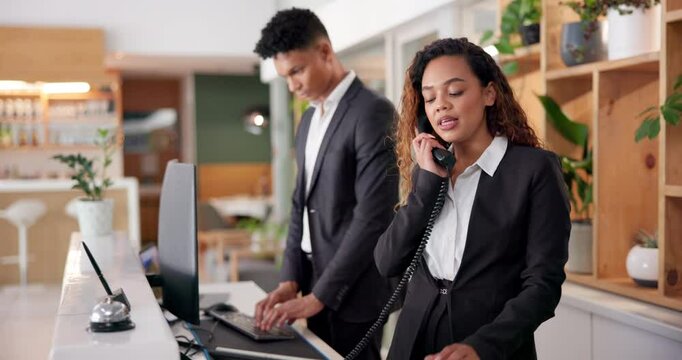 Woman, man and concierge with phone call for reservation, booking and enquiry as hotel staff. Receptionist, telephone and tech for communication, room service and customer care as employees or team