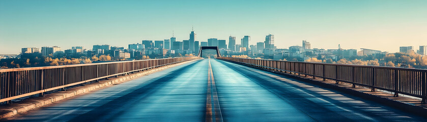 Glossy Empty Bridge Leading to City Skyline Under Clear Sky with Copy Space for Background Use in Advertisements or Banners Evoking Excitement and Anticipation Perfect for Photo Stock Concepts
