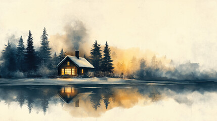 Watercolor winter card with snowy cottage surrounded by snowy forest for holiday cards, invitations and winter-themed decorations. © Oksana