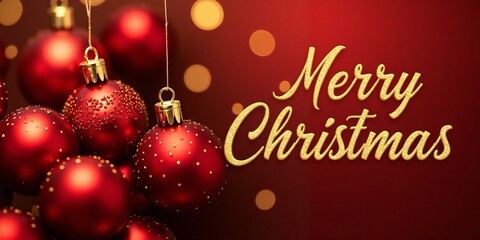 Merry christmas banner, shiny red and gold Christmas baubles on the left side, with (Merry Christmas) in stylish, metallic gold text on the right