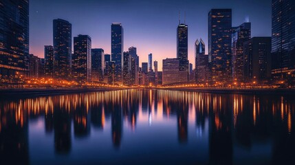 Fototapeta premium A city skyline at dusk, the lights of skyscrapers reflecting on a calm river.