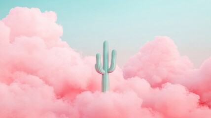 A surreal scene of a green cactus emerging from fluffy pink clouds against a soft blue sky, evoking whimsy and tranquility.