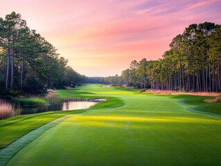 A tranquil golf course at sunset, featuring lush green fairways, serene water, and tall pine trees under a colorful sky.
