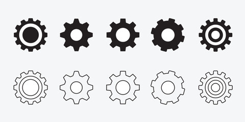 Cogwheel icon set. Line and glyph gearwheel sign. Outline cogwheel mechanism symbol