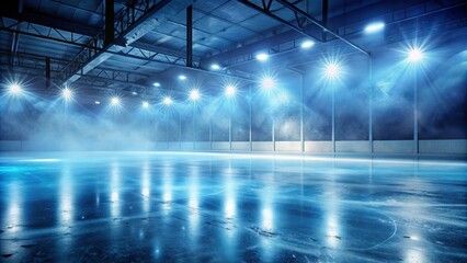 Long Exposure Blue Ice Floor Texture with Mist and Snow Background, Illuminated Empty Ice Rink Under Spotlights for Winter Sports and Scenic Photography