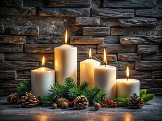 Long Exposure of Four White Burning Candles Against a Black Stone Wall with Festive Christmas and New Year Greetings for Peaceful Atmosphere and Holiday Spirit