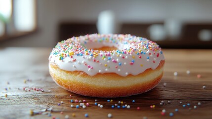 Vanilla donut with sprinkles and white frosting