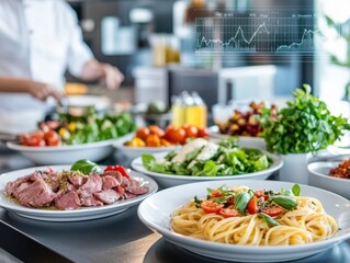 Obraz premium A vibrant display of gourmet dishes in a modern kitchen, highlighting fresh ingredients and culinary expertise.
