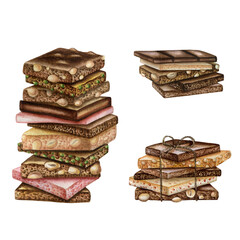 Collection watercolor illustrations of a stack of chocolate bars. Hand drawn sweet delicious realistic clip art  isolated on white background. For design, packaging.