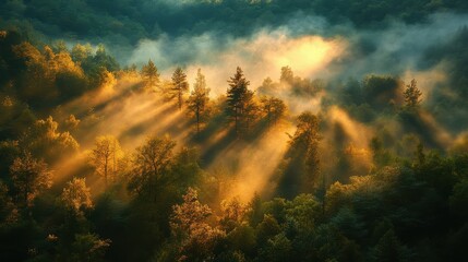 Obraz premium Enchanting Aerial Photograph of Golden Light streaming through the Wilderness. Nature Background with Trees and Green Foliage.