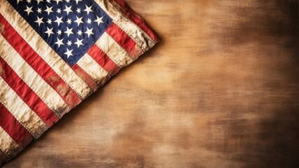 Obraz premium A vintage American flag drapes casually over a rustic wooden surface, evoking a sense of history and patriotism.