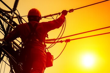 Technician Working on Powerline at Sunset