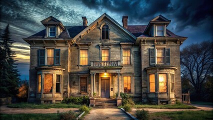 Abandoned mansion at night with creaking doors and boarded-up windows, cobwebs, night, wooden, old, creepy