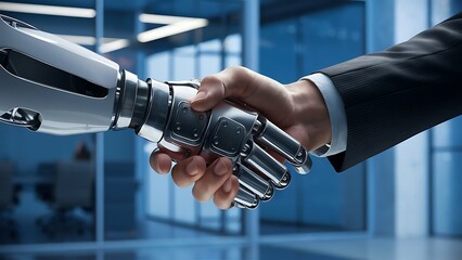 A man shaking hands with a robot that handshake