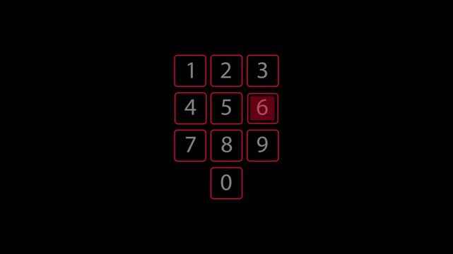 Enter number key code on red security system control panel on black background. Keypad of security system for entering inside.isolate QuickTime Alpha Channel444