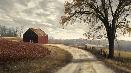 Country Road Leading to a Red Barn on a Cloudy Day