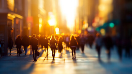 Obraz premium Golden Hour City Street Crowd Blurred Background