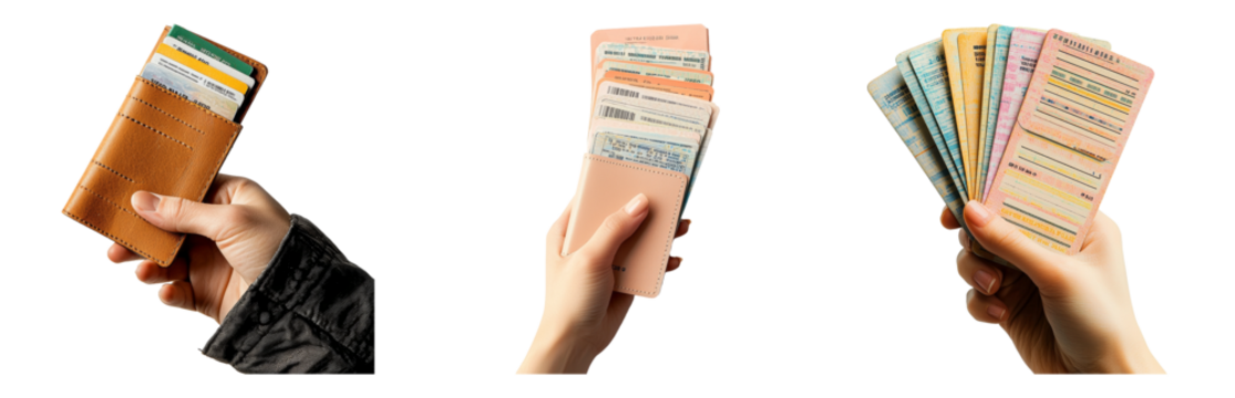 PNG Hands Holding Various Cards and Wallets. Isolated on transparent background