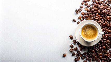 Naklejka premium Wide-angle minimalist coffee moment cup of espresso with scattered beans on white background