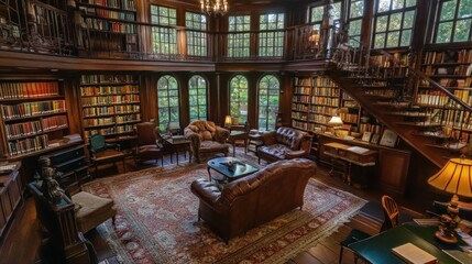 Naklejka premium A charming library with reading nooks and study areas,