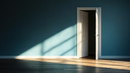 Obraz premium An inviting interior space featuring an open door with sunlight casting shadows on a wooden floor and blue wall.