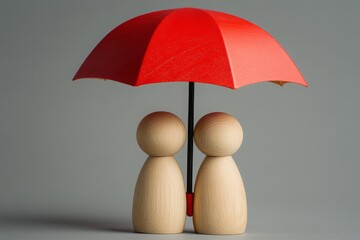 Two Wooden Figures Under a Red Umbrella