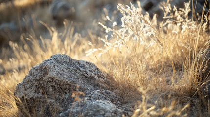 Obraz premium Sunlit Rocky Grassland Landscape