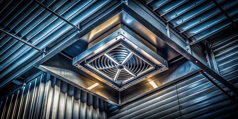 Obraz premium Night Photography of Square Anemostat on Galvanized Duct Ventilation System with Detailed Textures and Shadows for Industrial Design and Architectural Insights
