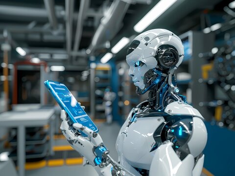 Ai-Generated image of A robot is holding a cell phone in its hand. The robot is white and blue, and it is in a factory setting. The robot's actions suggest that it is using the phone for communication
