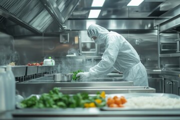 Sanitation Worker in Protective Suit Cleaning Kitchen