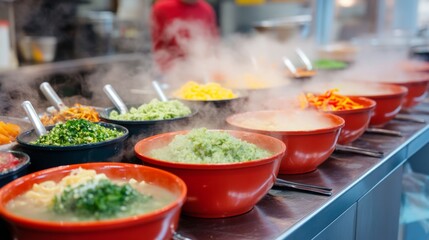 Obraz premium Vibrant Street Food Stall Serving Hot Rice and Soup