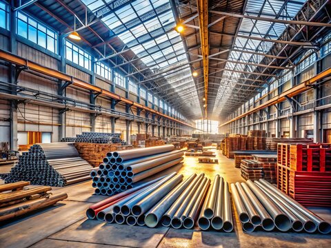 Pipes and Building Materials in a Warehouse: Industrial Landscape Photography Capturing Storage Areas, Construction Supplies, and Structural Components for Infrastructure Projects