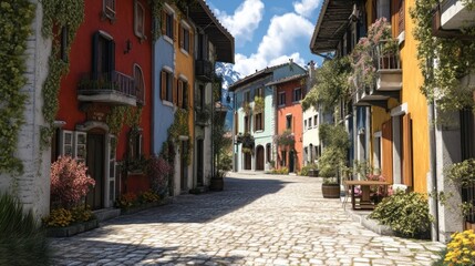 Fototapeta premium A classic European street lined with colorful buildings, 