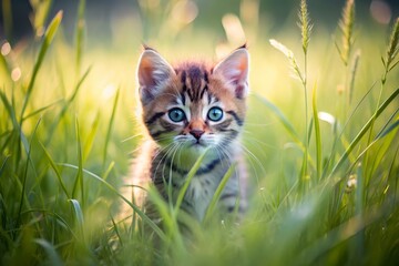 Obraz premium Prowling Kitten in Tall Grass - Minimalist Photography of Nature, Cute Kittens, Wildlife, Feline, Grassland, Outdoor Adventure, Playful Animals, Natural Habitat, Soft Focus, Serenity