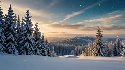 Snowfall in winter forest. Beautiful landscape with snow covered fir trees and snowdrifts.