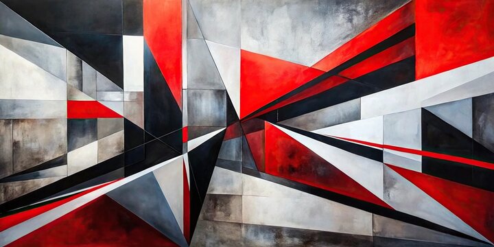 Wide-Angle Modern abstract painting featuring a stark contrast of black white and red. The composition includes geometric and angular forms
