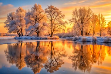 Obraz premium Reflections of Majestic Trees at Sunrise Over a Frosty Pond, Capturing Nature's Beauty, Tranquility, and Serene Winter Landscape in High Depth of Field Photography