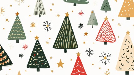 Colorful Christmas trees with stars and snowflakes on a white background, perfect for holiday-themed designs and decorations.