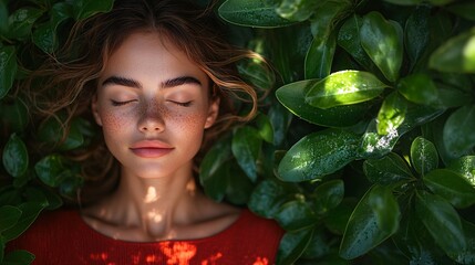 Woman in Red Top Practicing Deep Breathing in Nature
