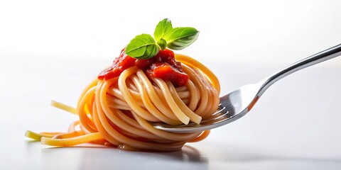 Savory spaghetti entwined with rich sauce, artfully presented in architectural photography style, isolated against a clean white background, captivating food lovers and culinary aficionados alike.